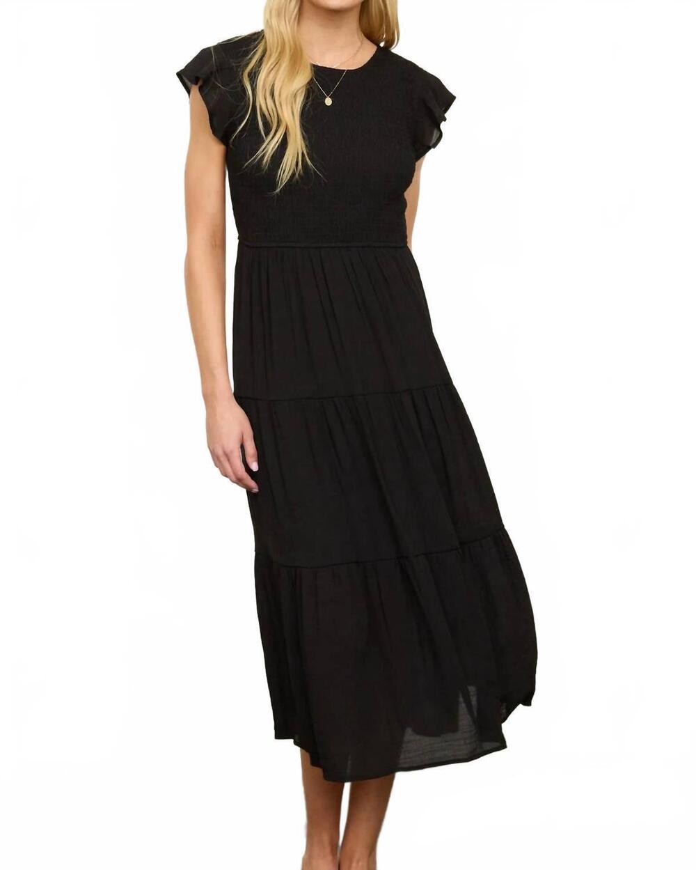NEW BLU PEPPER tiered smocked short sleeve midi dress in black